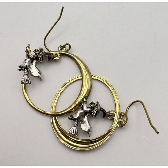 Halloween Flying Witch In Moon Dangle Earrings Silver and Gold Tone Avon - Picture 4 of 6